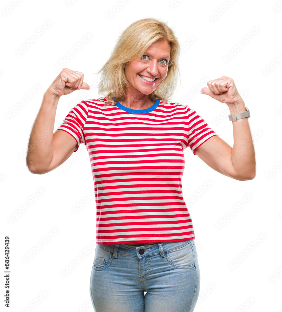 Middle age blonde woman over isolated background looking confident with smile on face, pointing oneself with fingers proud and happy. Middle age blonde woman over isolated background looking confident with smile on face, pointing oneself with fingers proud and happy.