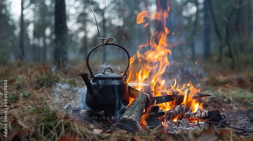 Campfire Cooking, Kettle on a Bonfire in the Forest