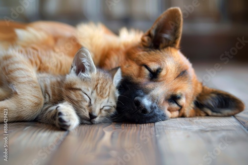 A cat and a dog are sleeping together on a wooden floor. The cat is on the left side of the dog and the dog is on the right side