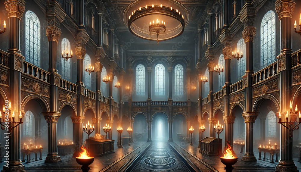 Naklejka premium Detailed dark castle interior RPG background with grand halls and eerie atmosphere