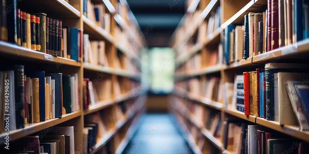 Bookshelves in library aisle filled with books. Concept of knowledge, learning, education, and research. Spacious library interior with nobody. Bookshelves in library aisle filled with books. Concept of knowledge, learning, education, and research. Spacious library interior with nobody.