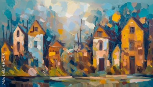 Wallpaper Mural An artistic gentle colorful background with houses painted by a palette knife	 Torontodigital.ca