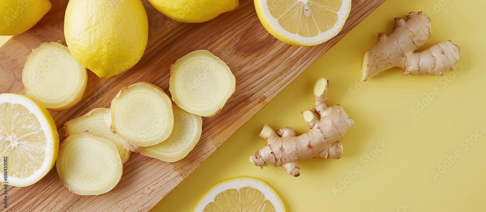 Top down view of sliced lemon and ginger on a wooden board components for a healthy drink against a white and yellow background with space for text or images. with copy space image Top down view of sliced lemon and ginger on a wooden board components for a healthy drink against a white and yellow background with space for text or images. with copy space image