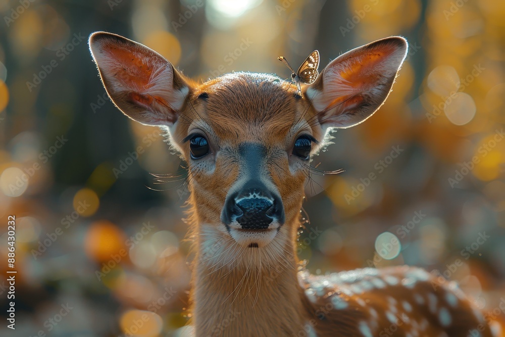 A young deer with a small butterfly perched on its nose, standing in a forest clearing. The deer's eyes are wide with surprise A young deer with a small butterfly perched on its nose, standing in a forest clearing. The deer's eyes are wide with surprise