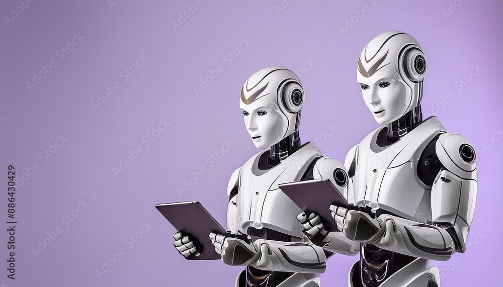 Fototapeta premium 未来のオフィスワーカー:タブレットを操作する洗練されたAIロボットアシスタント