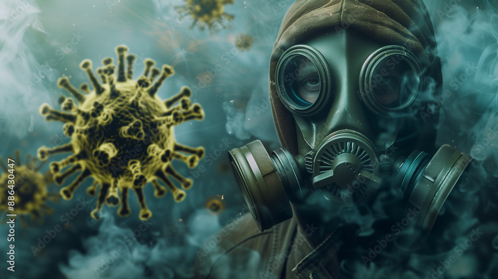 Person wearing gas mask with virus bacteria floating in air concept of viral pandemic concept Person wearing gas mask with virus bacteria floating in air concept of viral pandemic concept