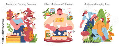 Mushroom Cultivation. Flat Vector Illustration