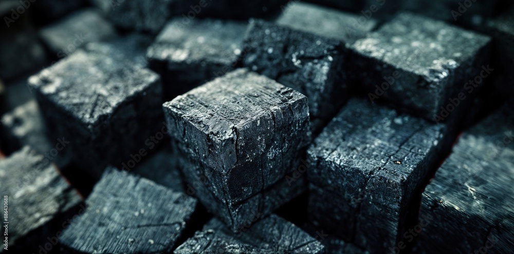 Close-up of dark gray coal cubes in a product photography setting Close-up of dark gray coal cubes in a product photography setting