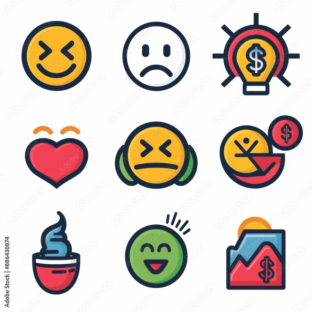 A set of emoticons with a variety of expressions, including a smiling face, a frowning face, and a heart A set of emoticons with a variety of expressions, including a smiling face, a frowning face, and a heart