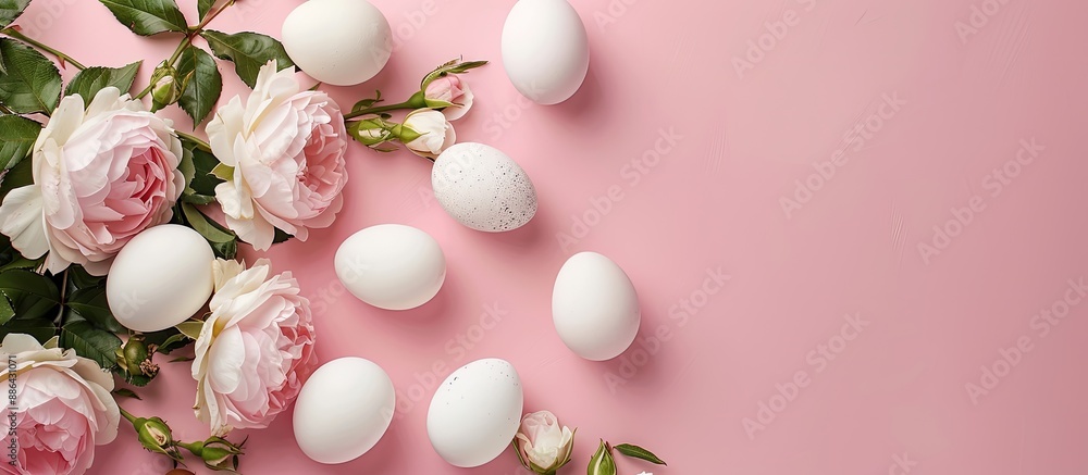 Pink background with white eggs and roses flowers in a banner layout with copy space image Pink background with white eggs and roses flowers in a banner layout with copy space image