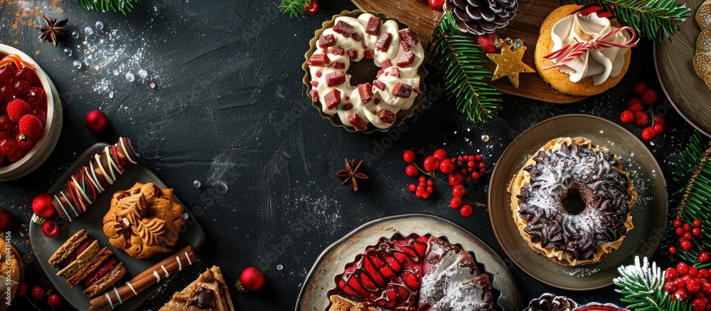 American Christmas desserts on a dark backdrop representing traditional holiday cuisine with a wintery theme in a top down view showcasing a copy space image American Christmas desserts on a dark backdrop representing traditional holiday cuisine with a wintery theme in a top down view showcasing a copy space image