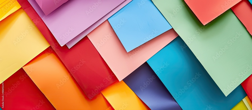 Colorful paper sheets arranged from a bird s eye view creating an appealing backdrop with copy space image Colorful paper sheets arranged from a bird s eye view creating an appealing backdrop with copy space image