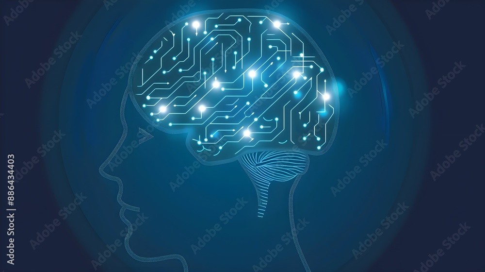 Silhouette of a human head with a digital brain circuit on a dark blue background, concept of artificial intelligence. Silhouette of a human head with a digital brain circuit on a dark blue background, concept of artificial intelligence.