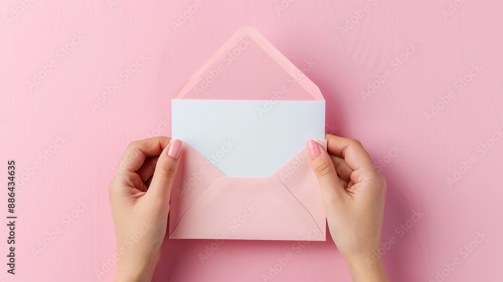 hand holding a mockup of an open pink envelope being with blank white card hand holding a mockup of an open pink envelope being with blank white card