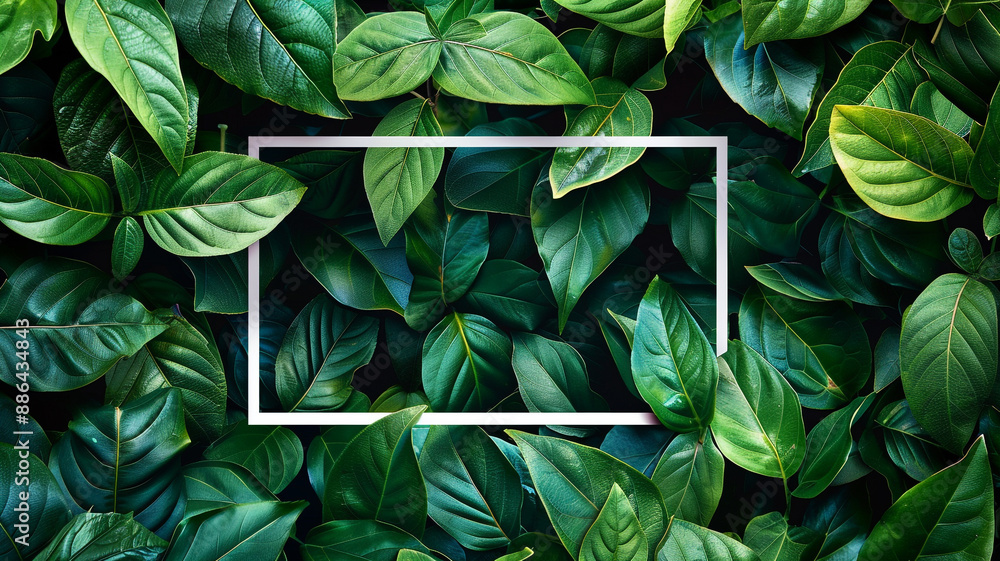 Abstract nature background with green leaves and a white frame for text Abstract nature background with green leaves and a white frame for text