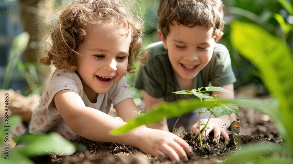 Two young children, one of each gender, are smiling and playing in the dirt while planting a small plant together, surrounded by greenery in a garden setting. Two young children, one of each gender, are smiling and playing in the dirt while planting a small plant together, surrounded by greenery in a garden setting.