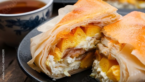 Banitsa, traditional Bulgarian food prepared by layering mixture of whisked eggs and pieces of cheese between filo pastry photo