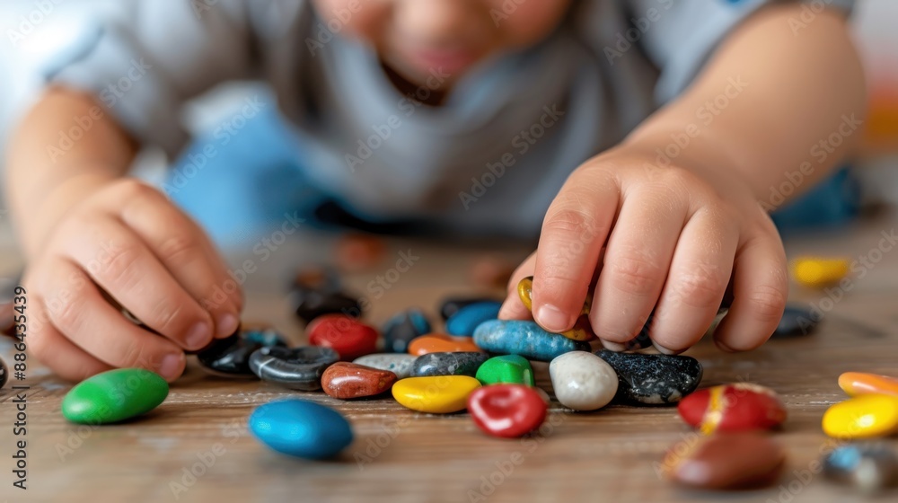 A child is seen playing with a variety of colorful stones, engaging in a hands-on activity that promotes learning about different shapes, colors, and textures in an educational manner. A child is seen playing with a variety of colorful stones, engaging in a hands-on activity that promotes learning about different shapes, colors, and textures in an educational manner.