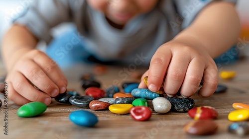 A child is seen playing with a variety of colorful stones, engaging in a hands-on activity that promotes learning about different shapes, colors, and textures in an educational manner.