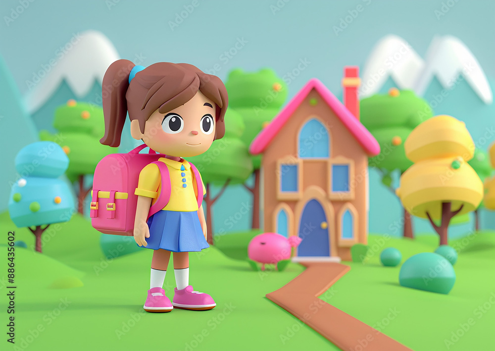 Schoolgirl cartoon, 3D animation isometric style, Back to School theme, welcoming a new school year Schoolgirl cartoon, 3D animation isometric style, Back to School theme, welcoming a new school year