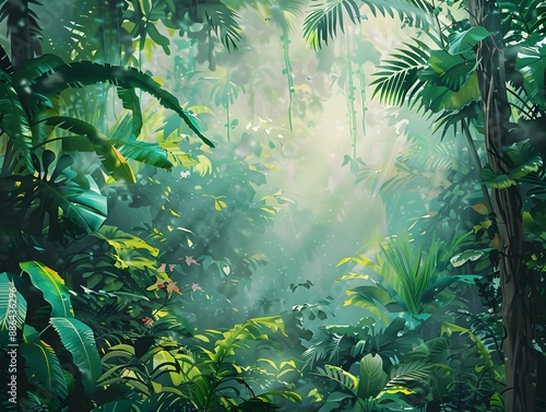 Lush Green Tropical Rainforest with Sunlight Filtering Through Dense Foliage
