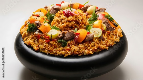 Uzbek pilaf and ingredients on black wooden background. Plov - rice prepared with vegetables and meat. photo