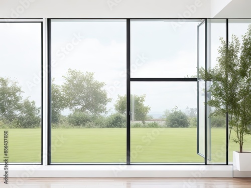 Open office glass window frame with modern, minimalistic house window isolated on background for interior design.