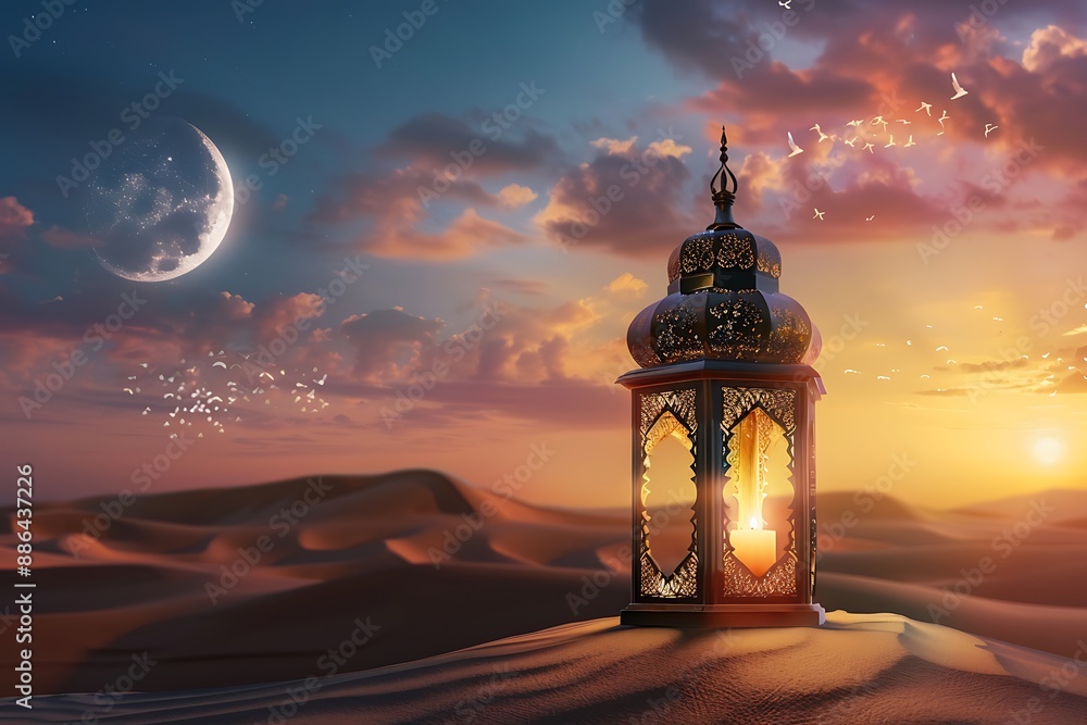 Illustration on the theme of Ramadan. An oriental carved lamp stands against the background of the golden moon and the starry sky. Illustration on the theme of Ramadan. An oriental carved lamp stands against the background of the golden moon and the starry sky.
