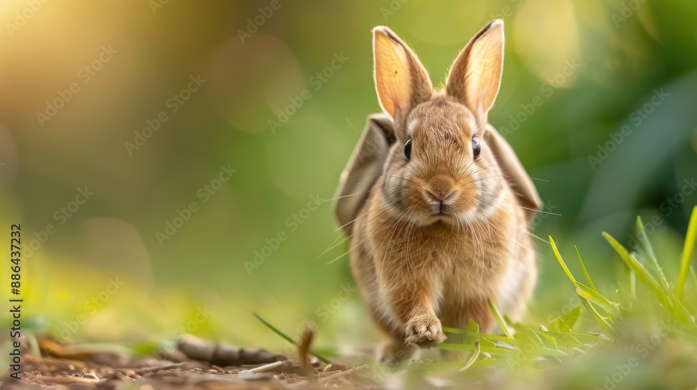 Fototapeta premium A lovable rabbit wearing a small backpack walking on a path under gentle sunlight, embodying themes of journey, exploration, and harmonious coexistence with nature.