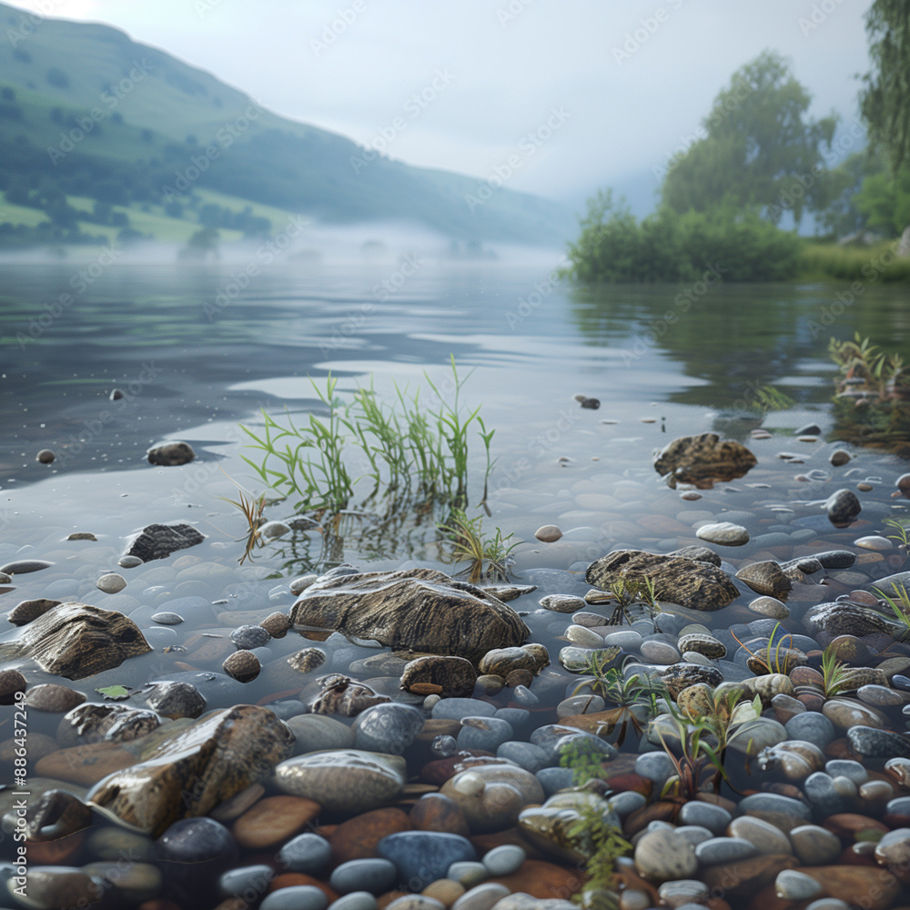 Close-up of the shoreline of Loch Ness, pebbles and water plants in the foreground, misty hills in the background Close-up of the shoreline of Loch Ness, pebbles and water plants in the foreground, misty hills in the background