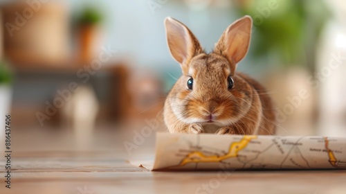 A cute bunny is seen with a map, seemingly planning an adventure or trip. The rabbit’s curious expression and the map spread in front imply exploration and journey. photo