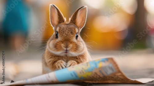 An endearing bunny is interacting with a colorful travel map, suggesting a sense of adventure and eager exploration in a lively, outdoor setting with vibrant lighting. photo