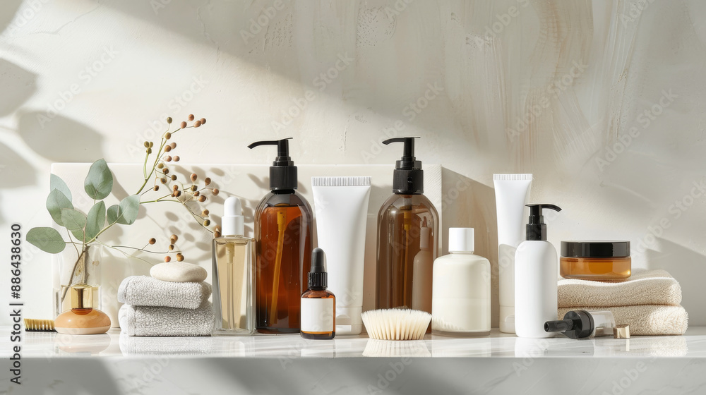 Bottles of beauty products and spa items arranged on a white marble surface. Bottles of beauty products and spa items arranged on a white marble surface.