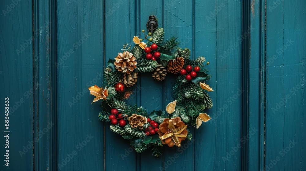 Festive Holiday Wreath Adorning Rustic Wooden Door with Vibrant Colors and Textures Festive Holiday Wreath Adorning Rustic Wooden Door with Vibrant Colors and Textures