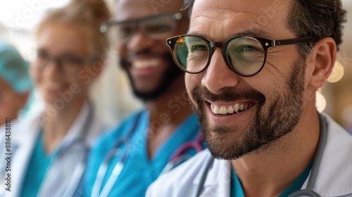 A healthcare worker with glasses and a stethoscope smiling confidently in the foreground, with a supportive team in the background, showing teamwork and professionalism. photo