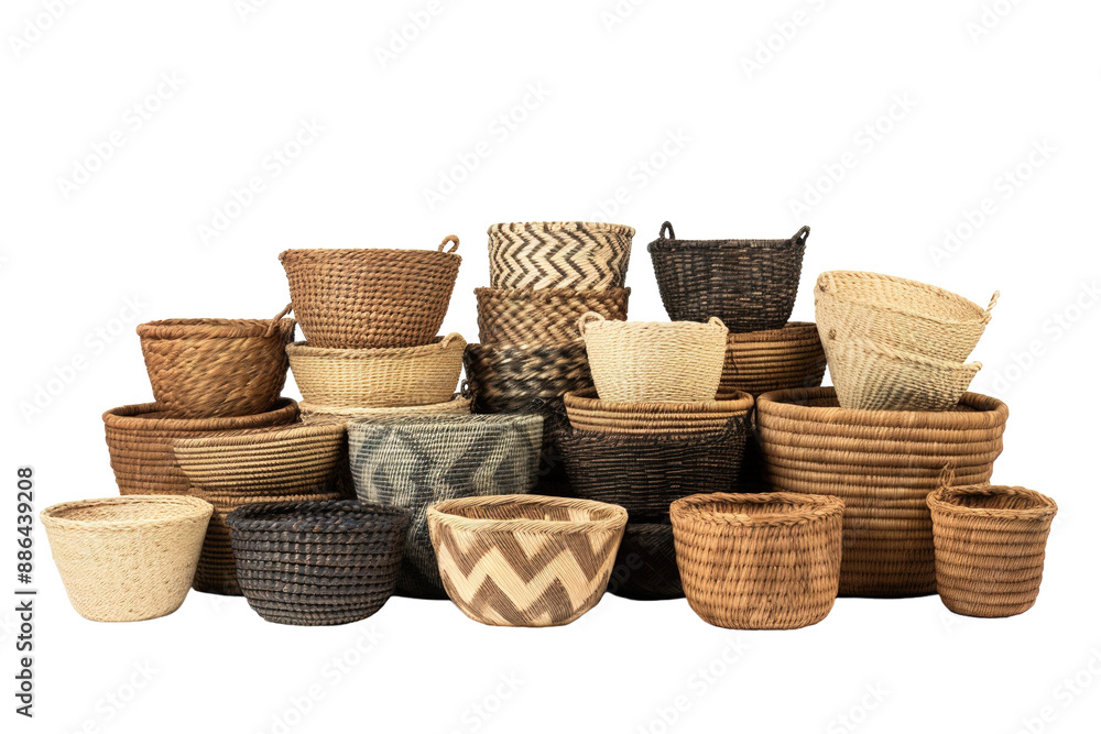 A Woven Symphony of Baskets in a Natural Light Studio on a White or Clear Surface PNG Transparent Background A Woven Symphony of Baskets in a Natural Light Studio on a White or Clear Surface PNG Transparent Background