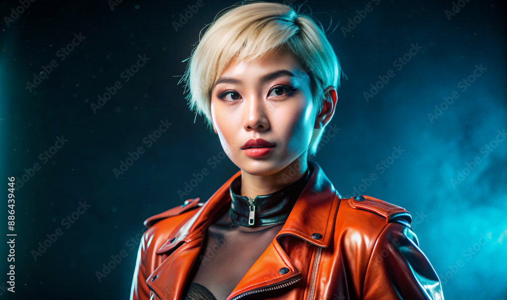 A woman wearing a leather jacket is standing inside a dimly lit room A woman wearing a leather jacket is standing inside a dimly lit room