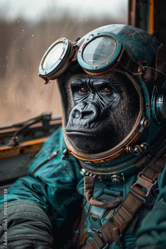 Serious gorilla in astronaut suit against vibrant background for impactful image Serious gorilla in astronaut suit against vibrant background for impactful image