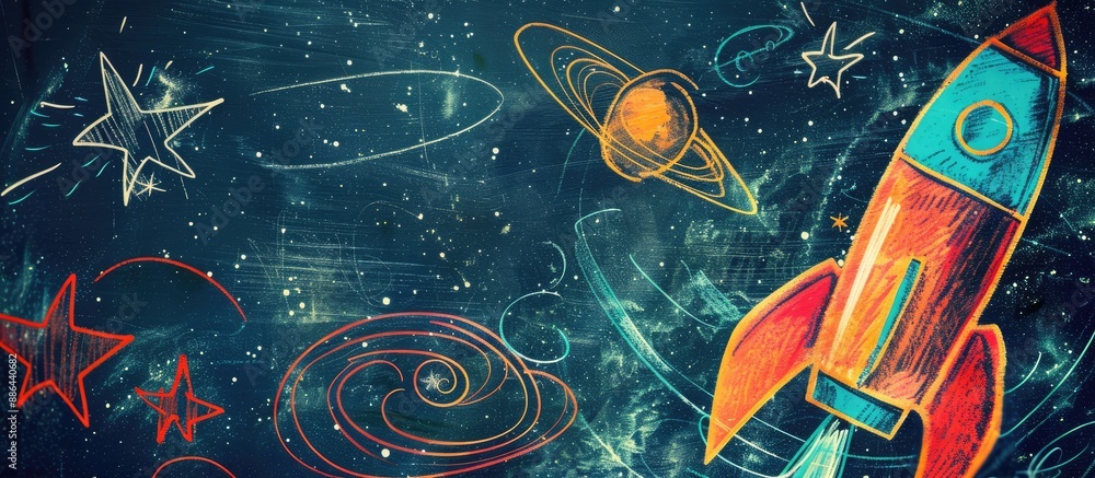 Rocket and star sketches on a space themed copy space image