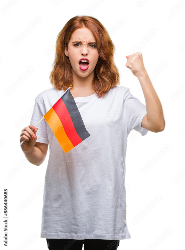 Young beautiful woman holding flag of germany over isolated background annoyed and frustrated shouting with anger, crazy and yelling with raised hand, anger concept Young beautiful woman holding flag of germany over isolated background annoyed and frustrated shouting with anger, crazy and yelling with raised hand, anger concept