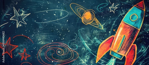 Obraz na płótnie Rocket and star sketches on a space themed copy space image w salonie