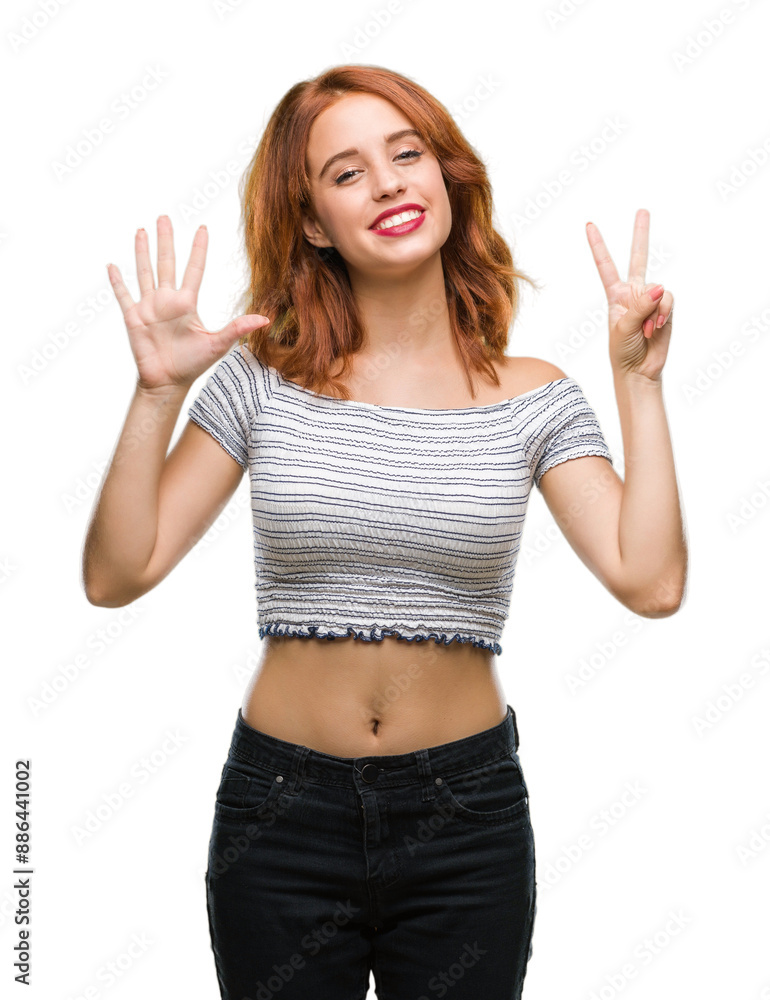 Young beautiful woman over isolated background showing and pointing up with fingers number seven while smiling confident and happy.