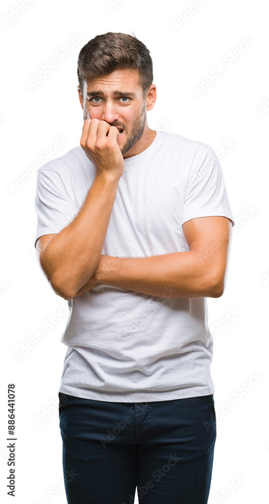 Young handsome man over isolated background looking stressed and nervous with hands on mouth biting nails. Anxiety problem. Young handsome man over isolated background looking stressed and nervous with hands on mouth biting nails. Anxiety problem.
