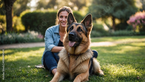 A loyal German Shepherd sits next to its owner in a park, both enjoying the peaceful surroundings and each other's company.