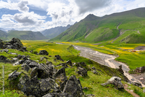 Amazing scenery of the view on Kyzylkol river and Emmanuel glade with camping in the Elbrus region. photo