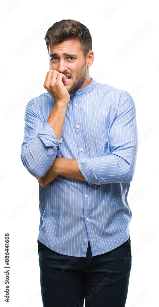 Young handsome man over isolated background looking stressed and nervous with hands on mouth biting nails. Anxiety problem. Young handsome man over isolated background looking stressed and nervous with hands on mouth biting nails. Anxiety problem.