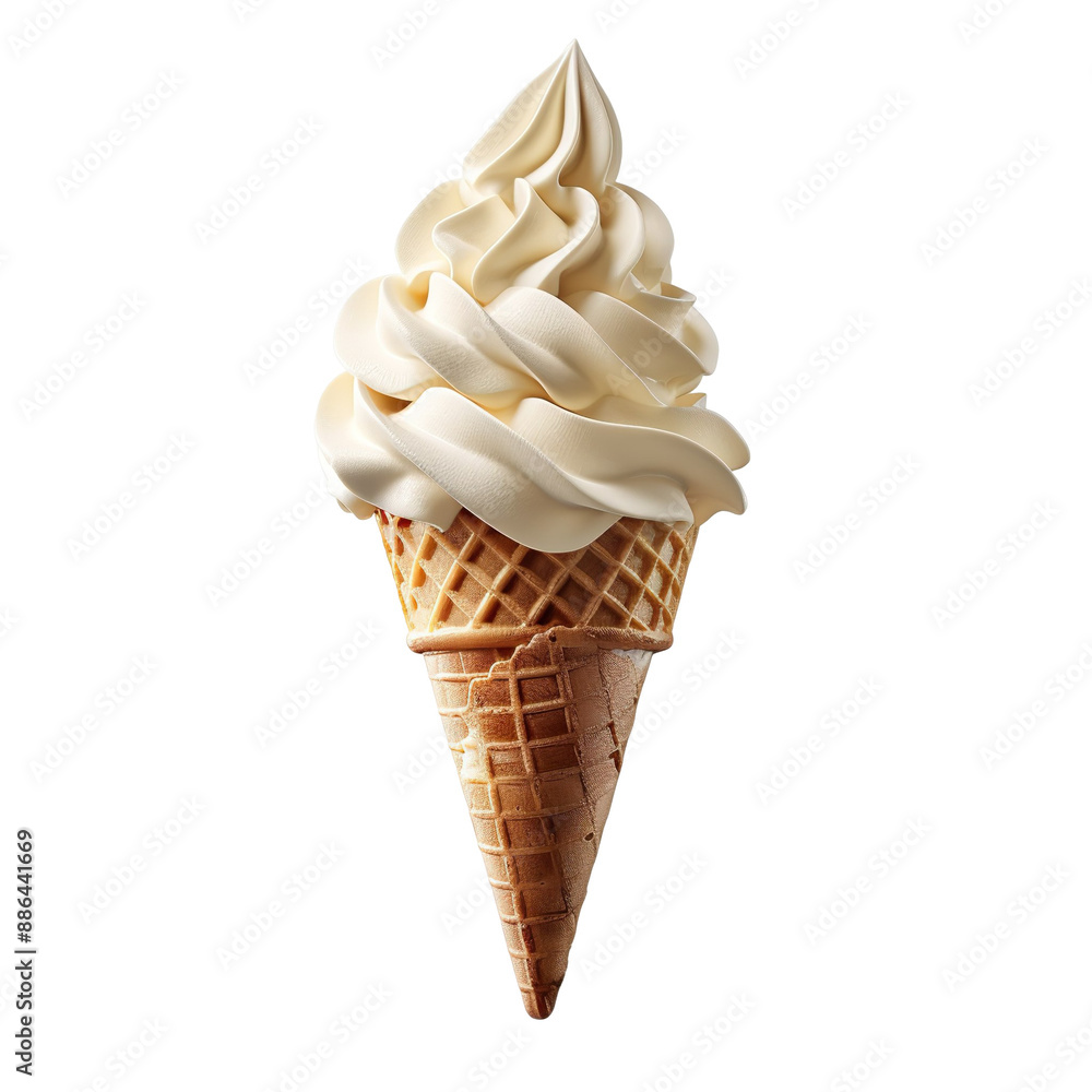 Front view of a delicious looking almond softee swirl in a waffle cone levitating in the mid-air isolated on a white transparent background Front view of a delicious looking almond softee swirl in a waffle cone levitating in the mid-air isolated on a white transparent background
