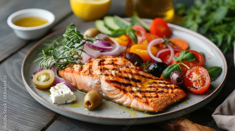 A Mediterranean-inspired grilled salmon platter with vegetables, olives, feta cheese, and olive oil. A Mediterranean-inspired grilled salmon platter with vegetables, olives, feta cheese, and olive oil.