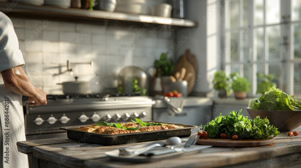 A rustic kitchen scene with a lasagna baking in the oven and a chef preparing a salad. A rustic kitchen scene with a lasagna baking in the oven and a chef preparing a salad.