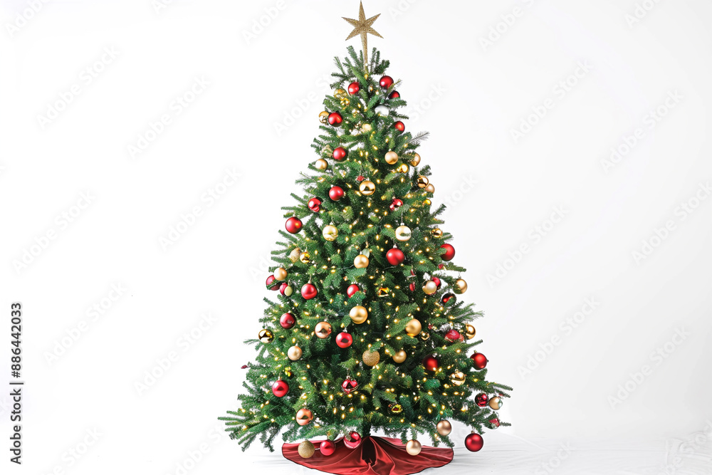 A fully decorated Christmas tree with twinkling lights and ornaments, standing against a pristine white background. A fully decorated Christmas tree with twinkling lights and ornaments, standing against a pristine white background.